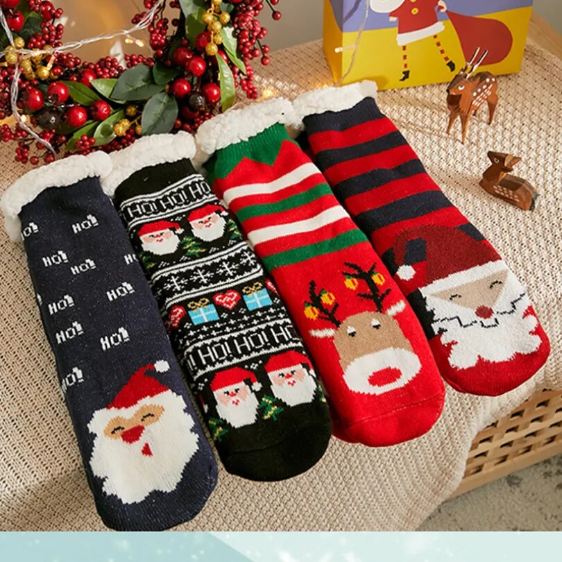 Christmas Gift Slipper Socks Women Thermal Winter Warm Plush Non slip Grip Sleeping Floor Short Sock Fuzzy Fluffy Female Cartoon